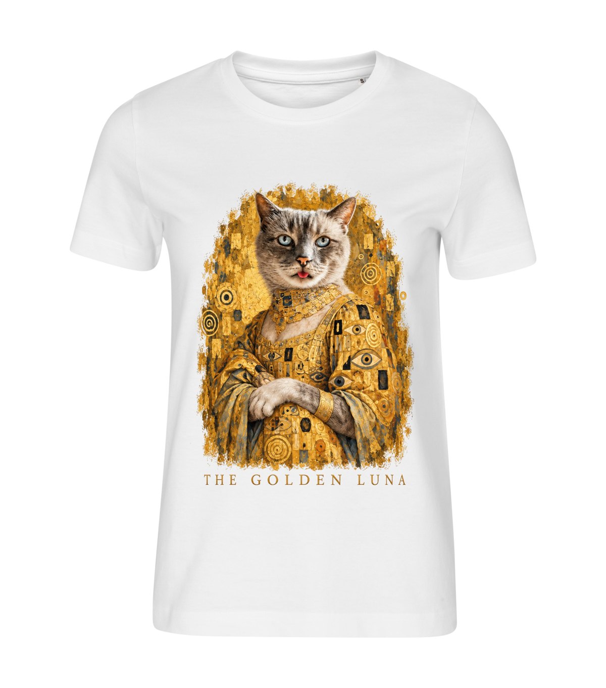 The Golden One – women white t-shirt with a cat portrait