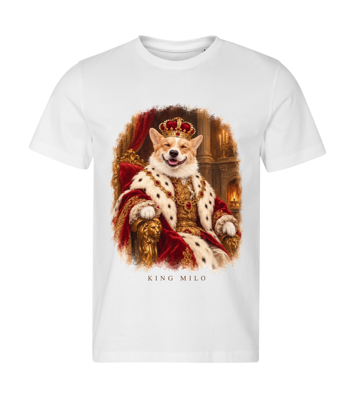 The Golden Throne – men white t-shirt with a dog portrait