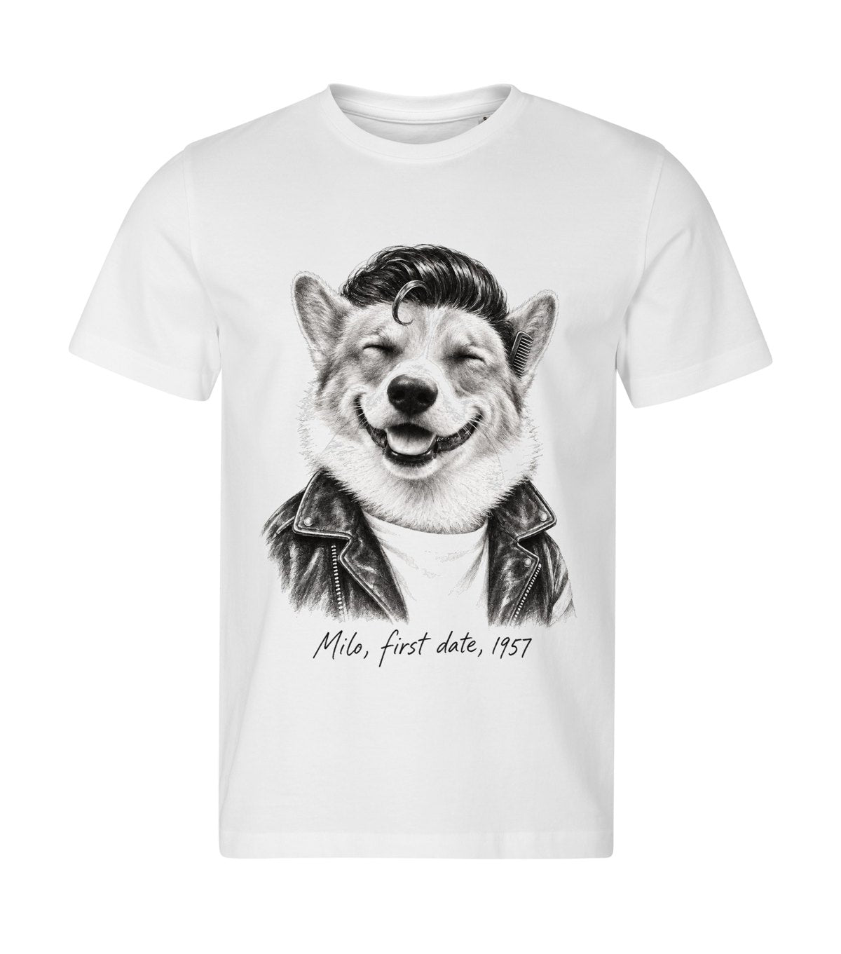 The Greaser – men white t-shirt with a dog portrait