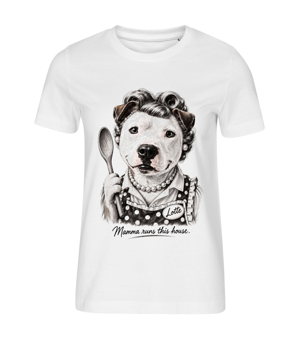 The Homemaker – women white t-shirt with a dog portrait