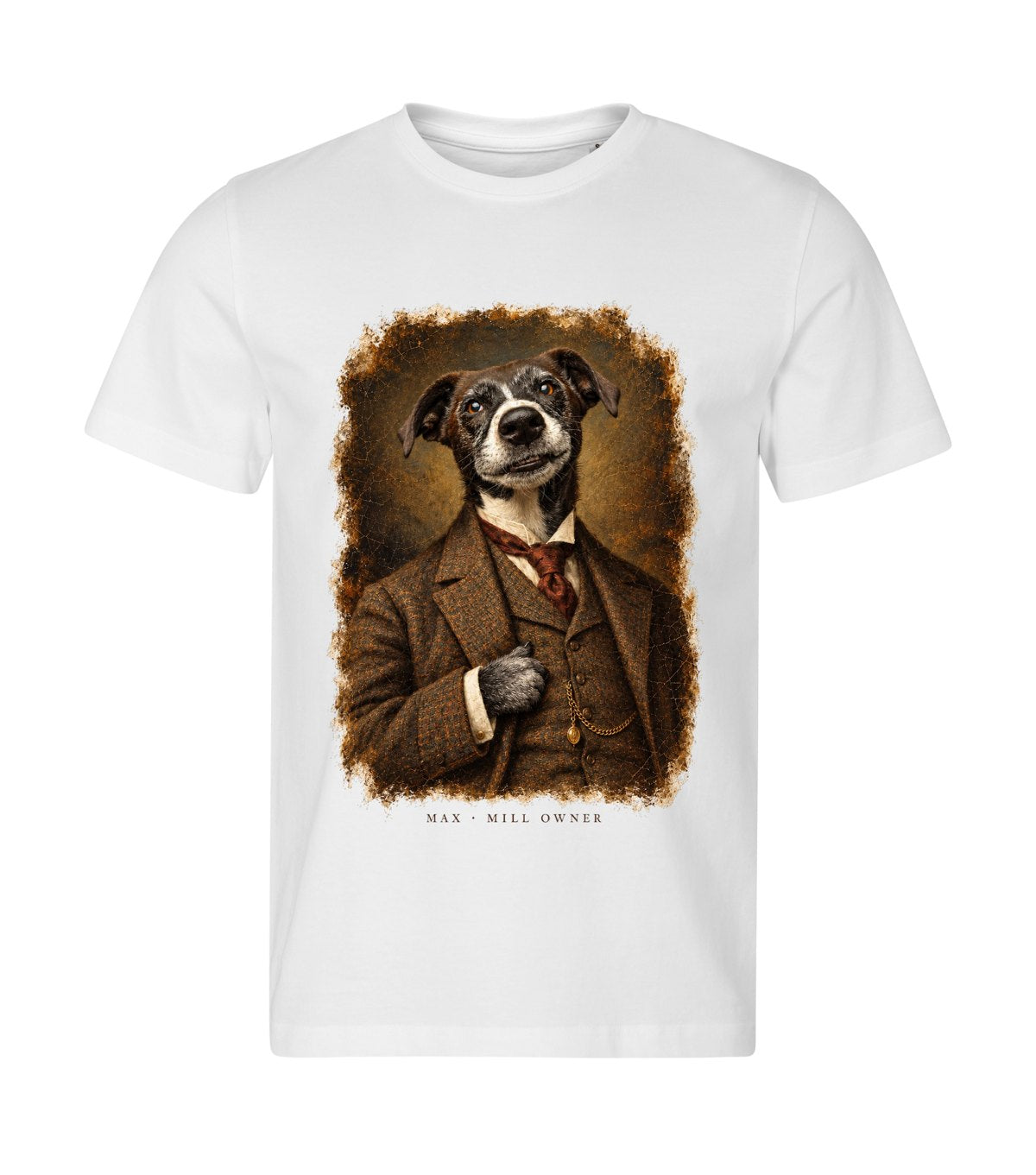 The Industrialist – men white t-shirt with a dog portrait