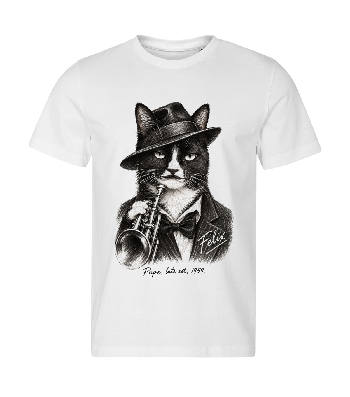 The Jazzman – men white t-shirt with a cat portrait