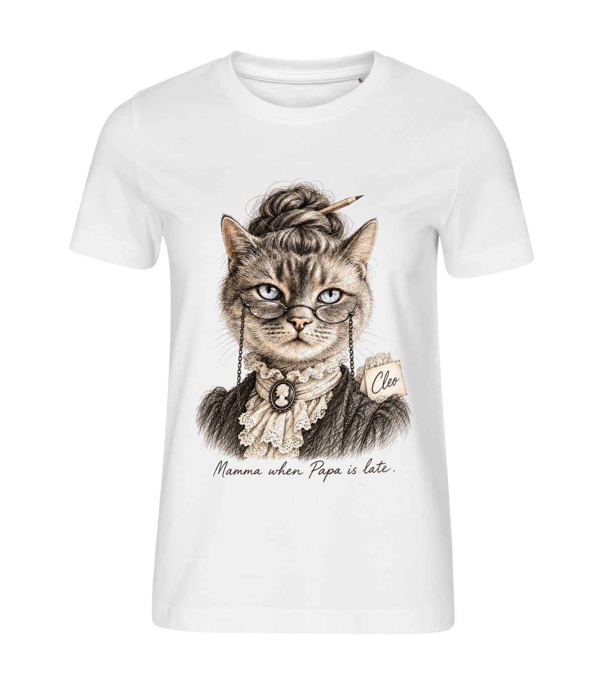 The Librarian – women white t-shirt with a cat portrait