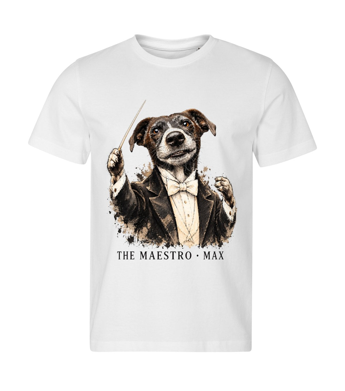 The Maestro – men white t-shirt with a dog portrait