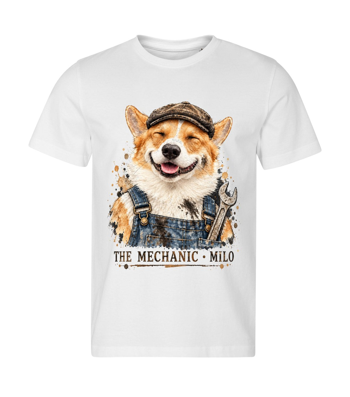 The Mechanic – men white t-shirt with a dog portrait