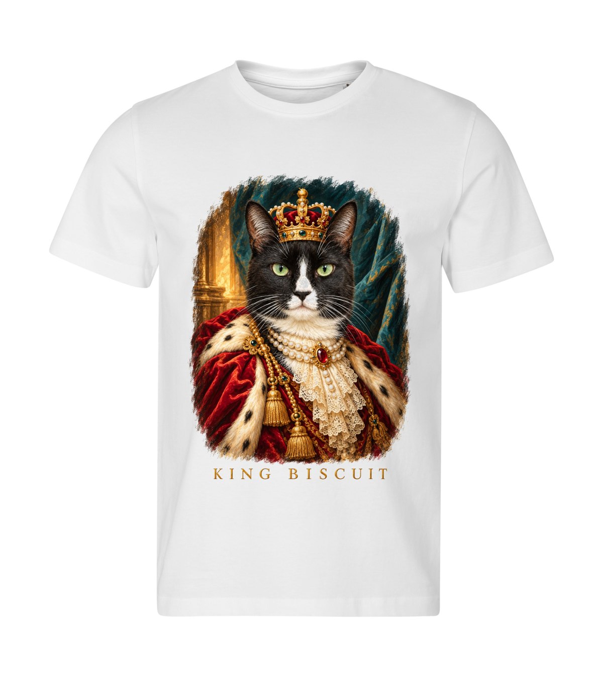 The Pearl King – men white t-shirt with a cat portrait