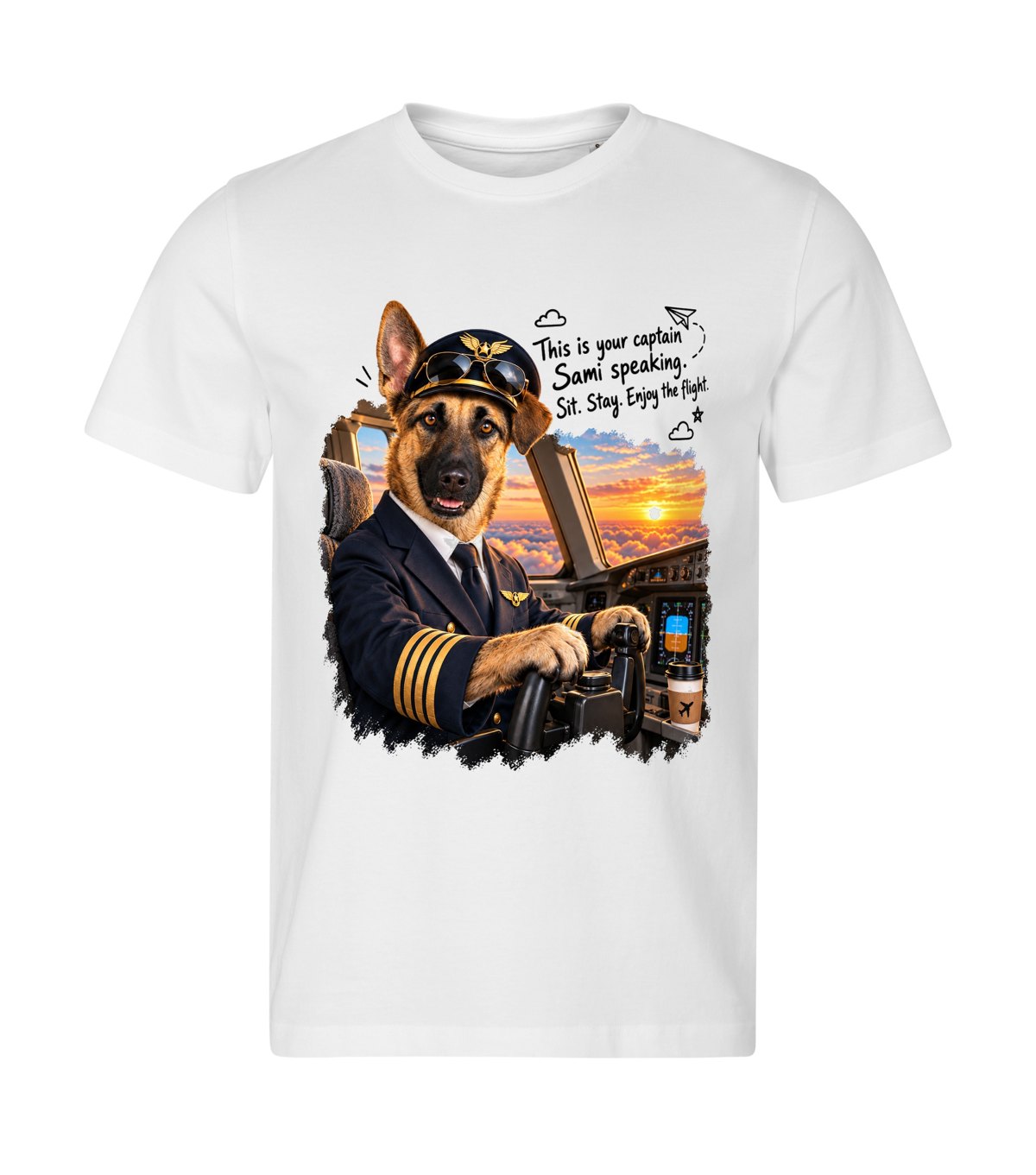 The Pilot – men white t-shirt with a dog portrait