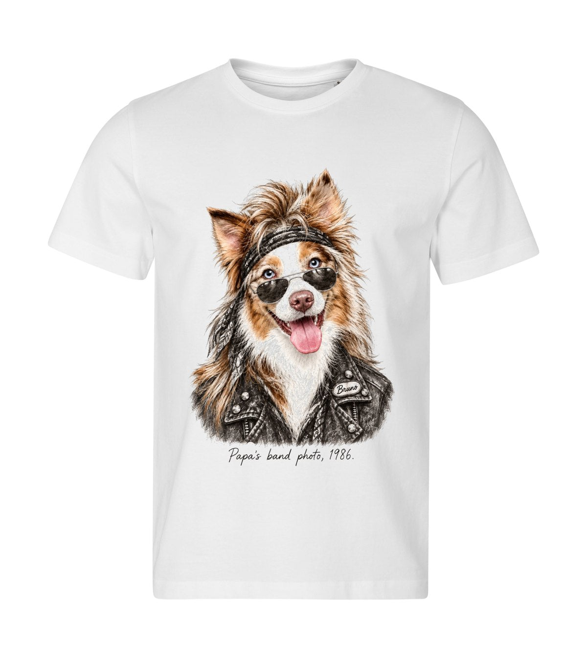 The Rockstar – men white t-shirt with a dog portrait