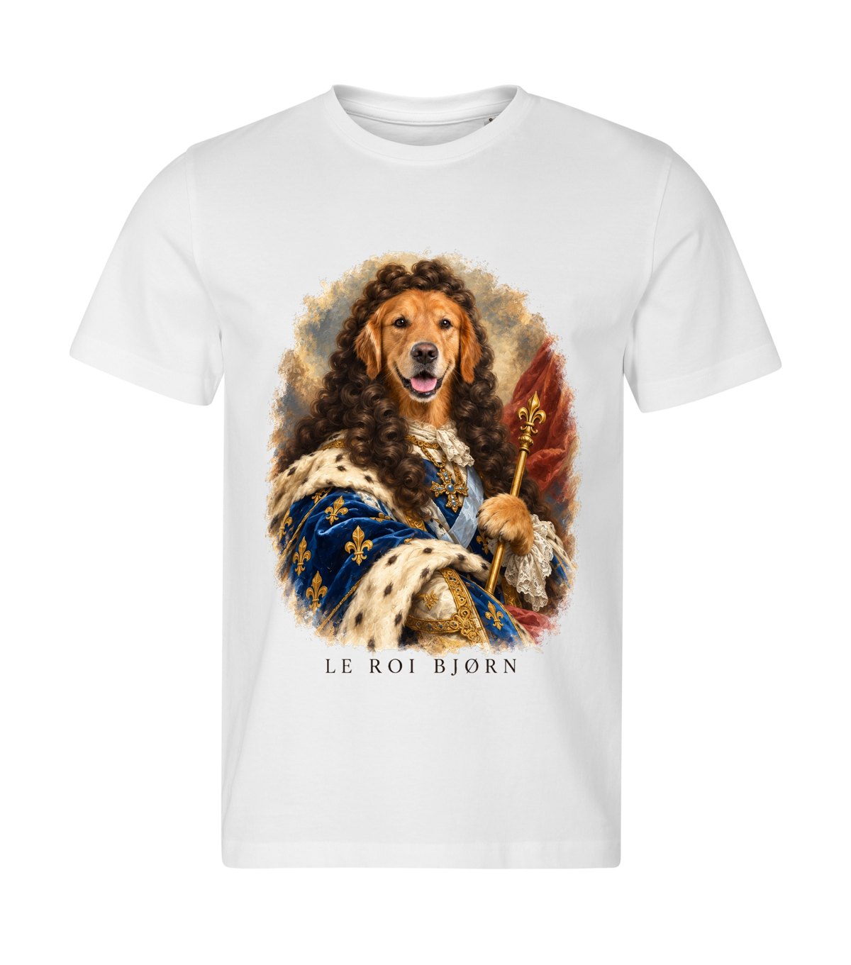 The Sun King – men white t-shirt with a dog portrait