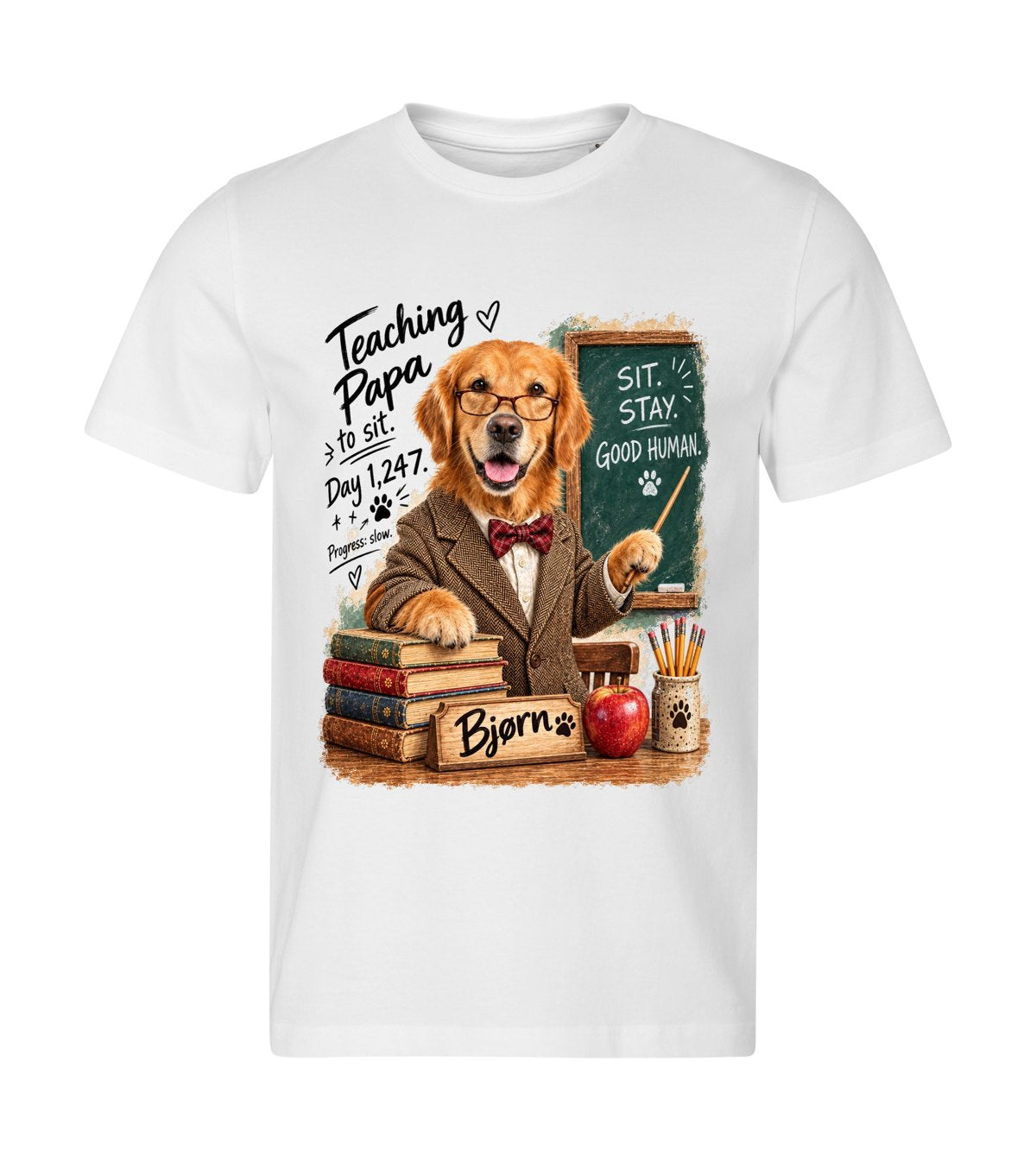 The Teacher – men white t-shirt with a dog portrait