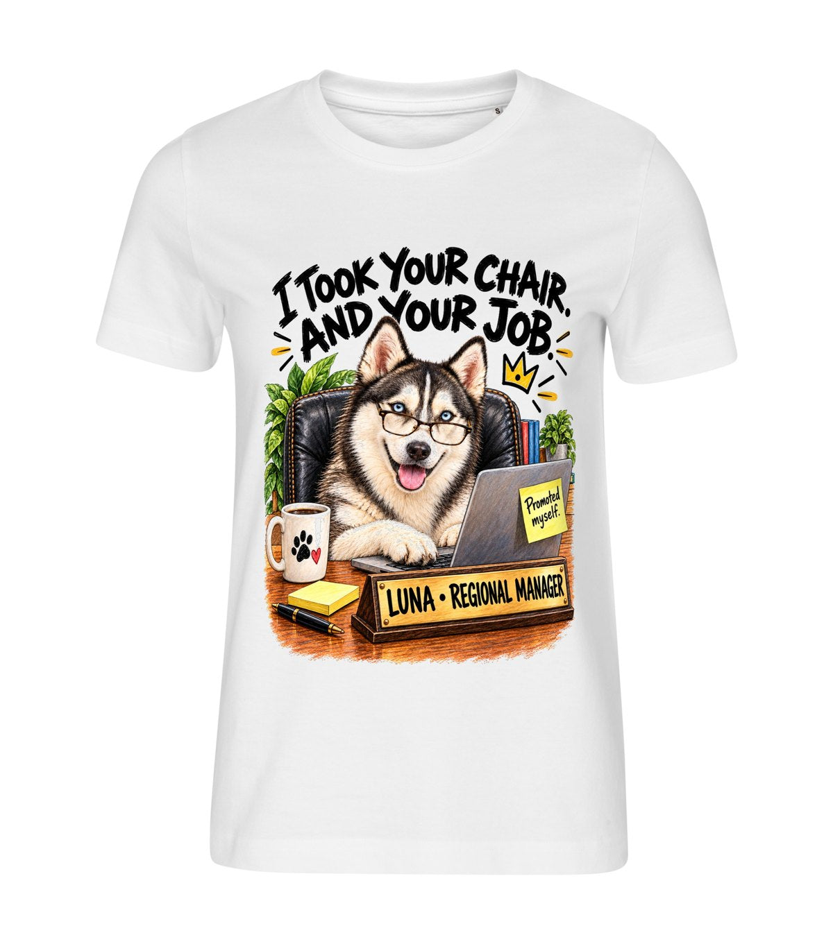 Took Your Chair – women white t-shirt with a dog portrait