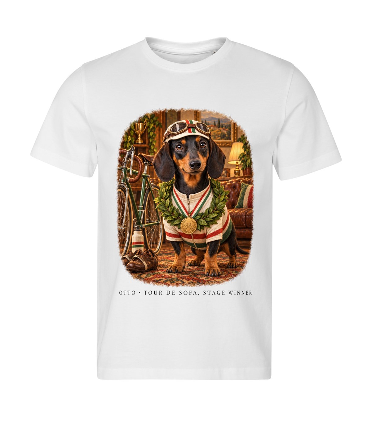 Tour de Sofa – men white t-shirt with a dog portrait