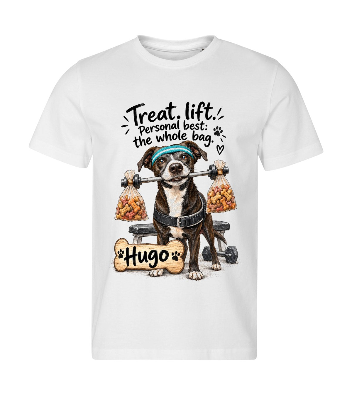 Treat Lift – men white t-shirt with a dog portrait