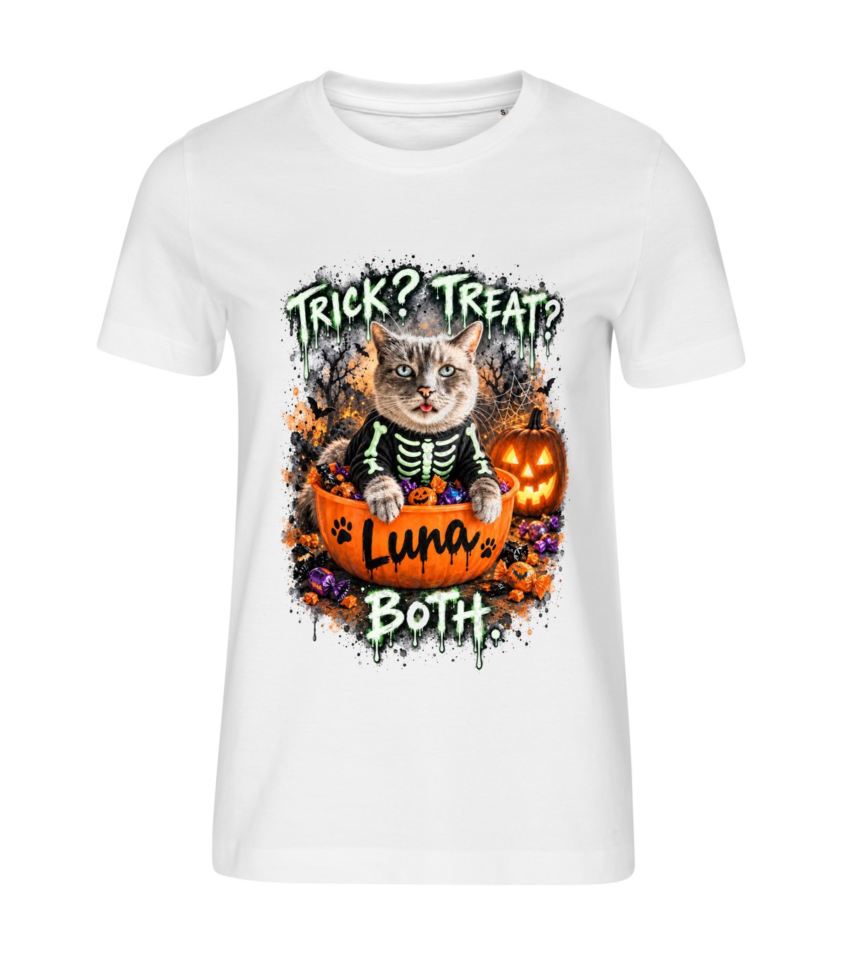Trick? Treat? Both. – women white t-shirt with a cat portrait