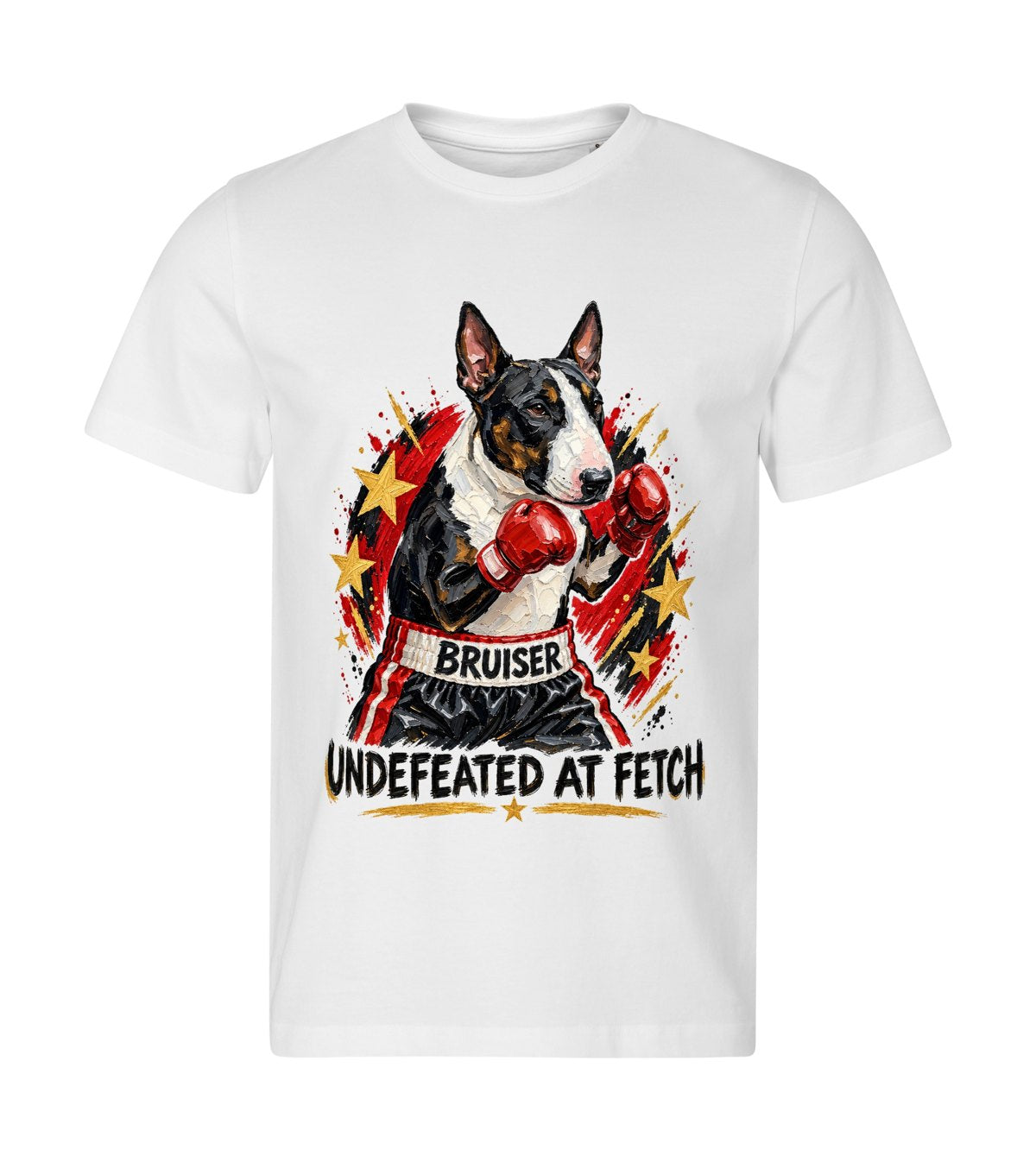 Undefeated at Fetch – men white t-shirt with a dog portrait