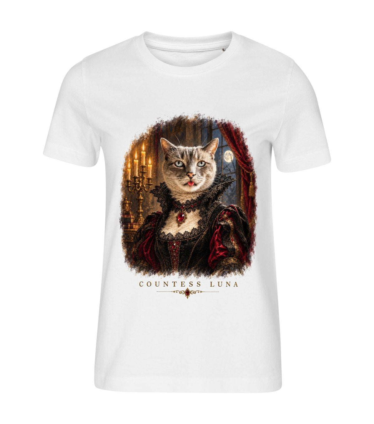 Vampire Countess – women white t-shirt with a cat portrait