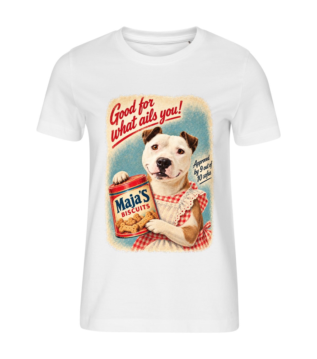 Vintage Biscuit Ad – women white t-shirt with a dog portrait