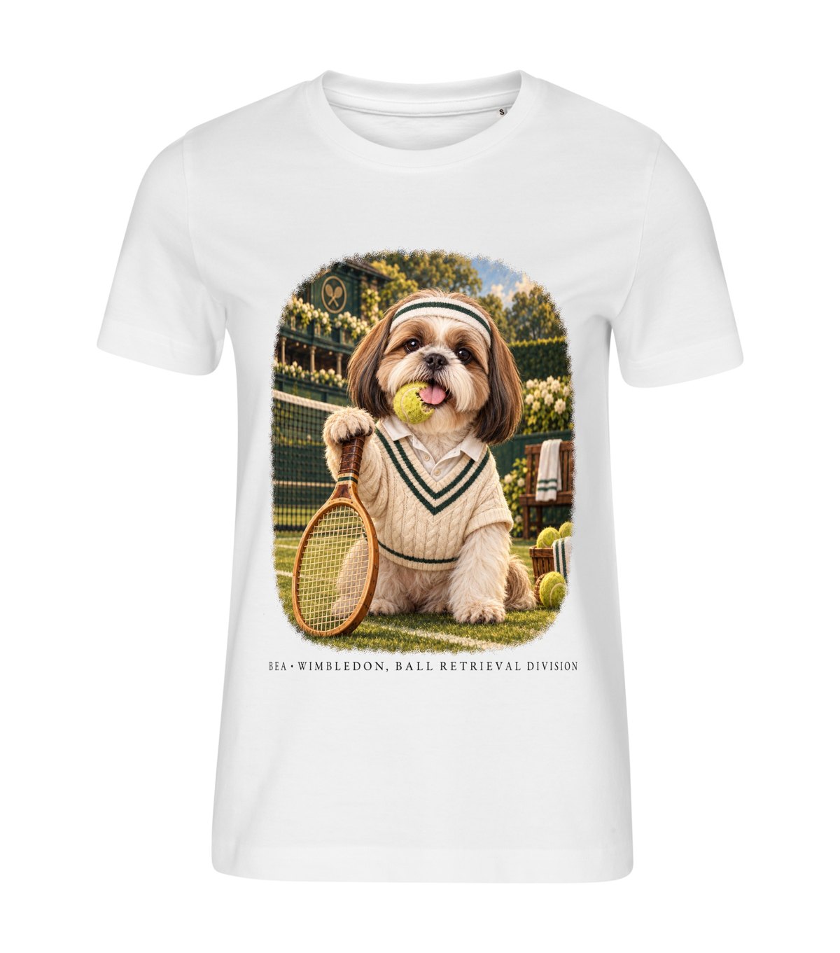 Wimbledon Reserve – women white t-shirt with a dog portrait