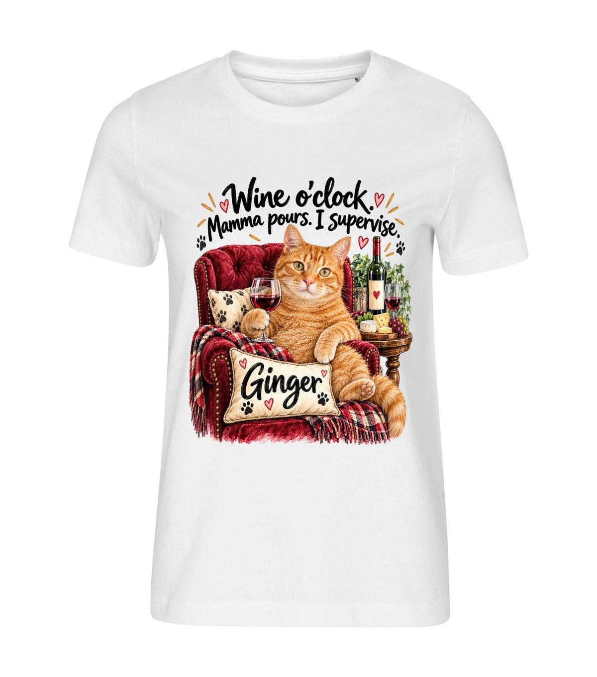 Wine O'Clock – women white t-shirt with a cat portrait