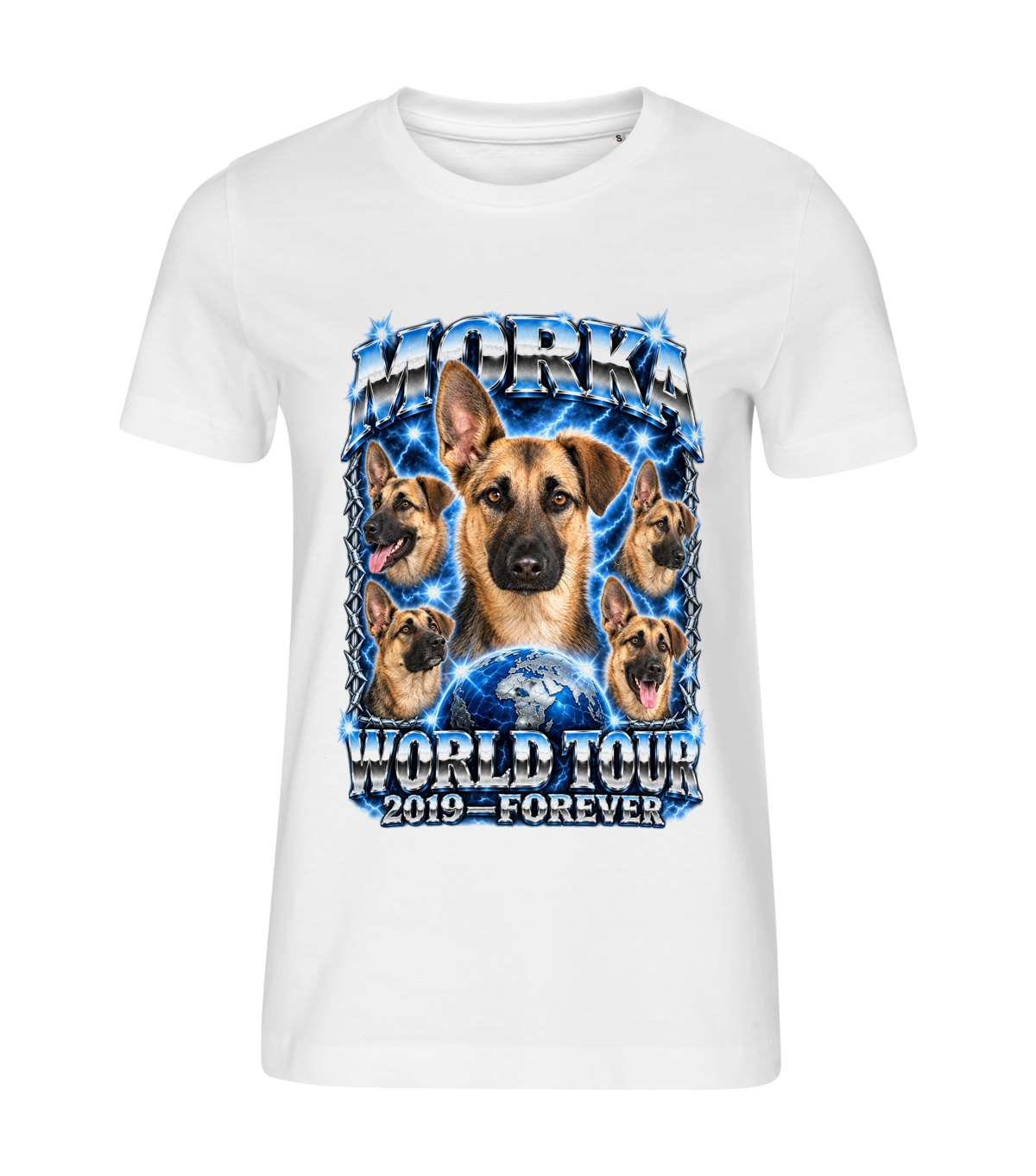 World Tour – women white t-shirt with a dog portrait