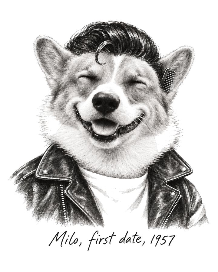 Charcoal drawing of Milo as a 1950s greaser in a leather jacket