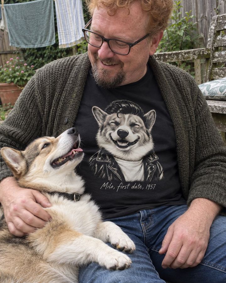 Man wearing the Milo portrait t-shirt next to Milo