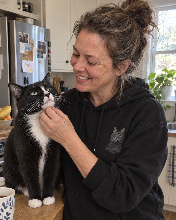Wearing the portrait next to the cat