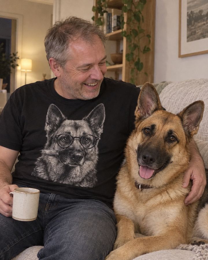 Wearing the portrait next to the dog