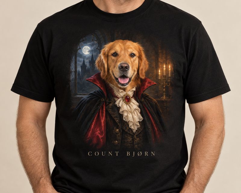 Man in a black t-shirt with a golden retriever drawn as Count Dracula