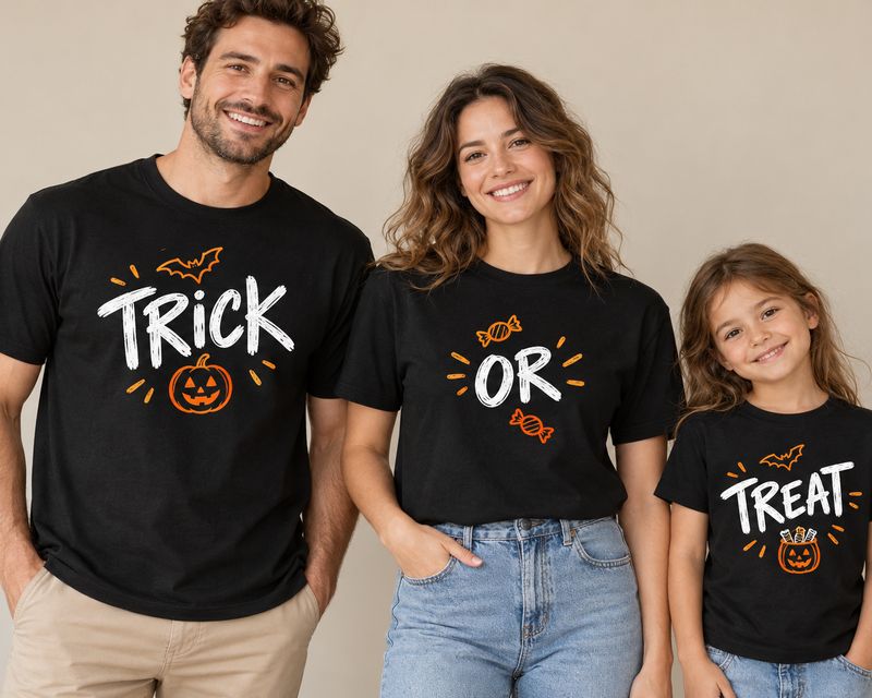 Family in matching black Trick, Or and Treat t-shirts