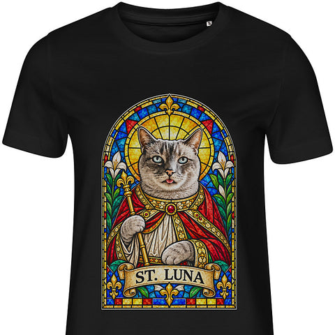 Stained Glass Saint: cat portrait t-shirt