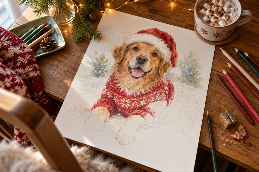 An unfinished christmas pet portrait on the artist's desk