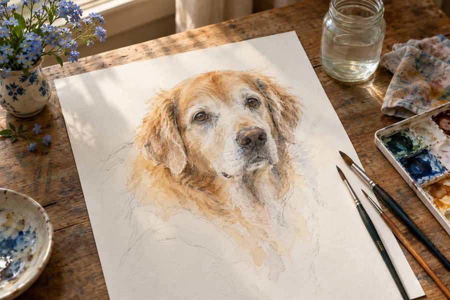 An unfinished in memory pet portrait on the artist's desk