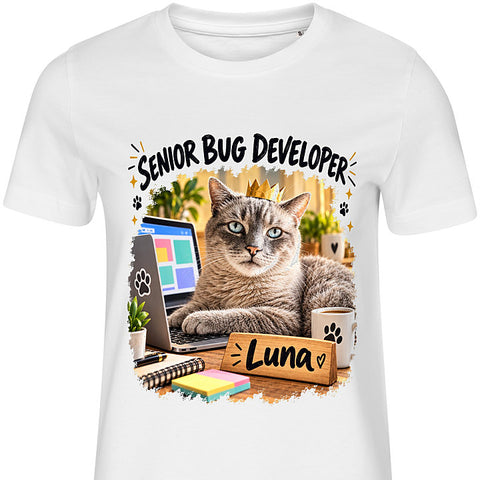 Senior Bug Developer: cat portrait t-shirt